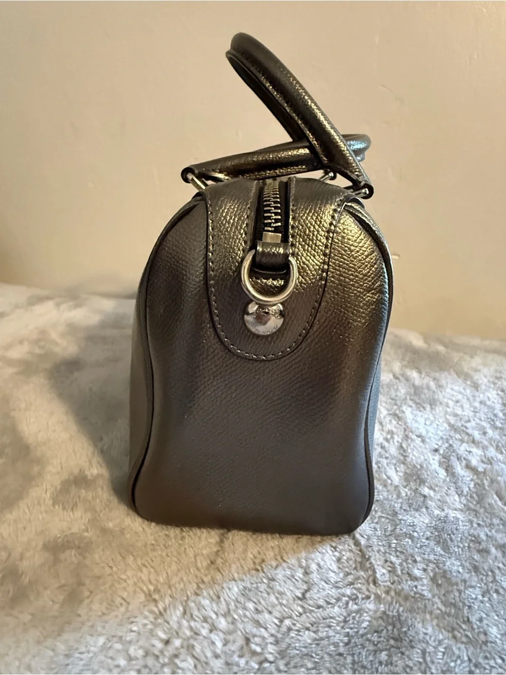 Coach Metallic Pewter Leather Satchel with Crossbody Strap